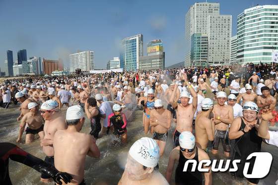 韩国冬泳节4日开幕 参加者战胜寒冷越冷越泳（组图）