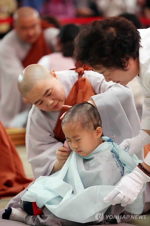 这是一名童子僧在受戒仪式上剃发。（图片来源：韩联社)