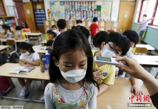 资料图：当地时间2015年6月8日，韩国未停课的学校，学生课前戴口罩测体温。