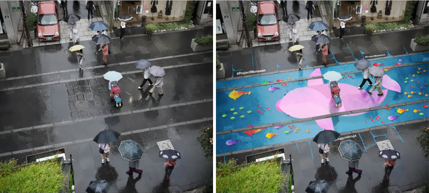 韩国艺术家们在首尔的大街上绘制了只有在下雨天才会出现的卡通涂鸦。（网页截图）