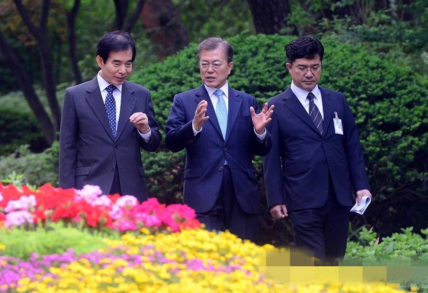 5月15日上午，在青瓦台，韓國總統文在寅（中）與青瓦台警護室長周映訓（左）、共同民主黨前組長宋仁培一起從官邸步行前往辦公室。