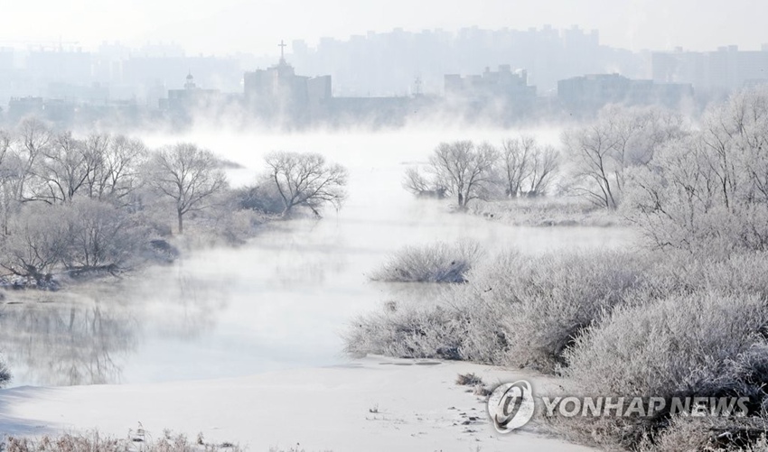 近日，隨著氣溫驟降，韓國江原道春川市昭陽江泛起水霧，出現霧凇景觀。