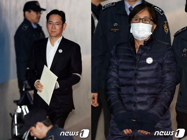三星電子副會長李在镕（左）20日出庭受審。當天，崔順實（右）以証人身份出庭。