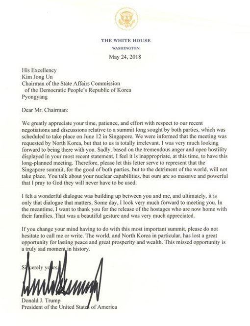 美國白宮24日發布總統特朗普致朝鮮最高領導人金正恩的信函。