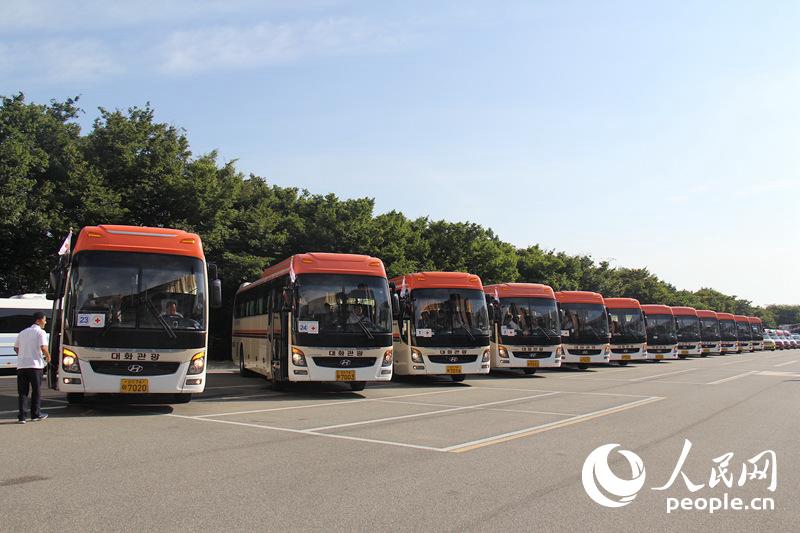 8月20日，在韓國束草，由大巴車、醫務車和食品車等組成的車隊整裝待發。 人民網記者 陳尚文攝