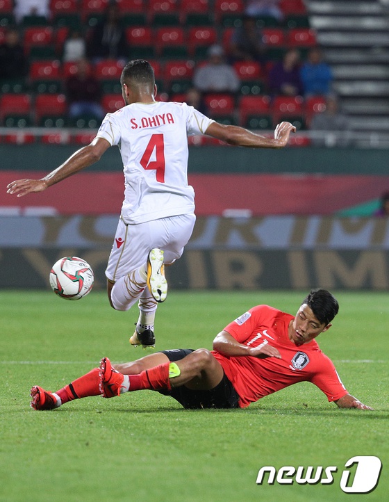 當地時間1月22日，在阿聯酋阿布扎比舉行的2019年亞洲杯足球賽八分之一決賽中，黃喜燦倒地鏟球。（韓媒news1）