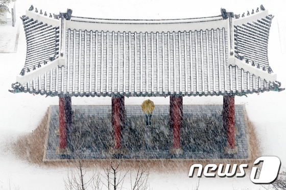 19日在首爾中區的德壽宮中，某市民打著雨傘正在欣賞宮中下雪的場面。