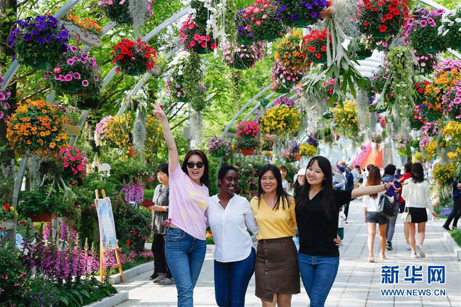 5月10日，在韩国京畿道高阳市，游客在2019高阳国际花卉博览会上合影。新华社记者 王婧嫱 摄