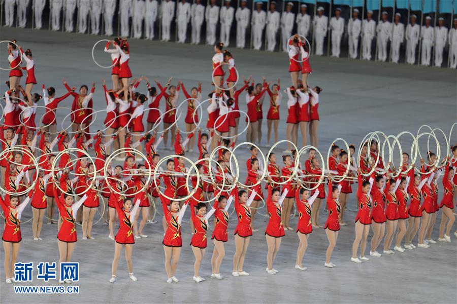 這是6月3日在朝鮮平壤五一體育場拍攝的演出現場。新華社記者 程大雨 攝