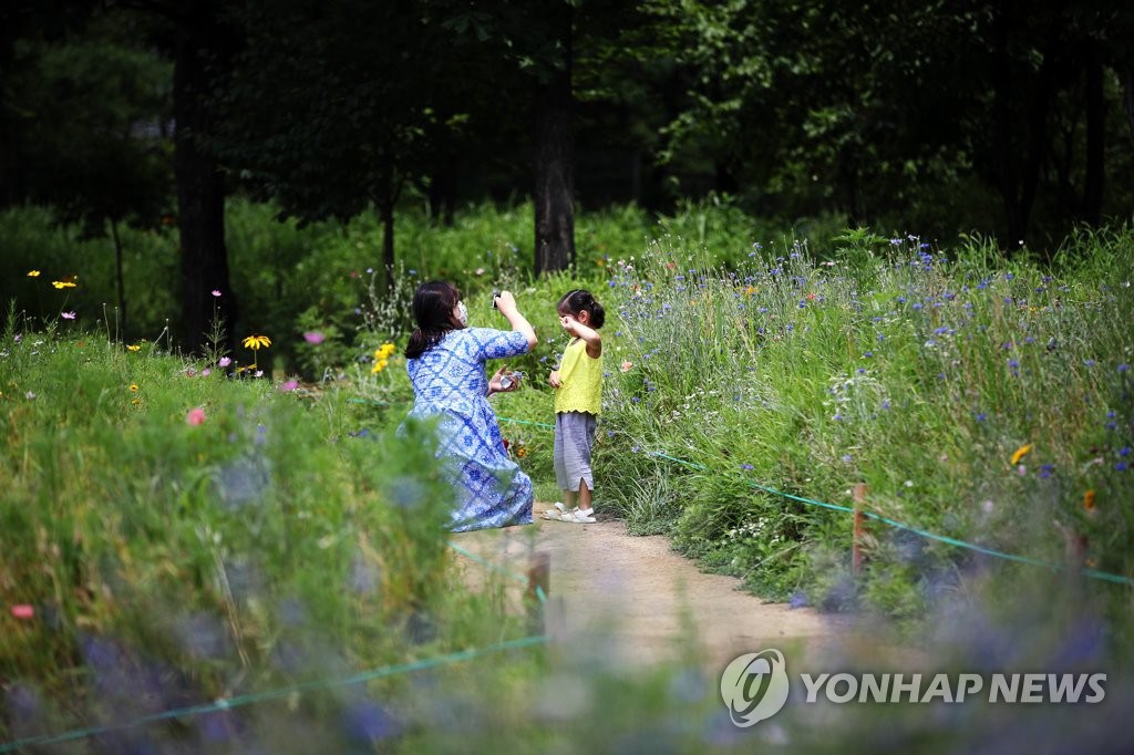 6月28日下午，在首爾市城東區首爾林，一名家長給孩子拍照，定格美麗時光。