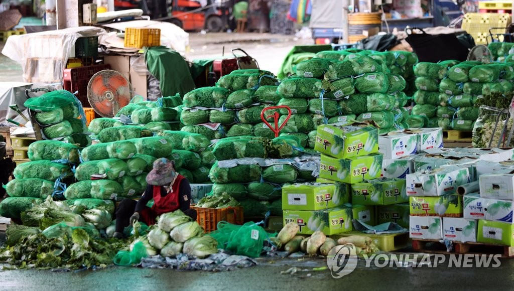 首爾鬆坡區可樂市場內整齊堆放了大量白菜。