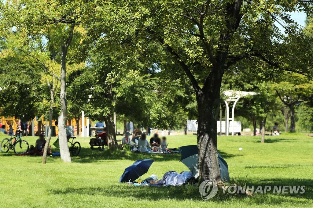 13日，首爾市民在漢江公園對外開放區域休息。