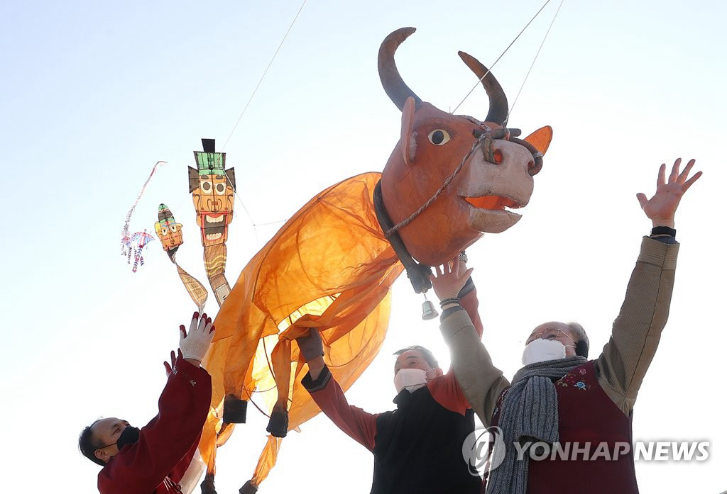 韓國民眾放飛大型黃牛風箏 祈願祛除新冠疫情【3】