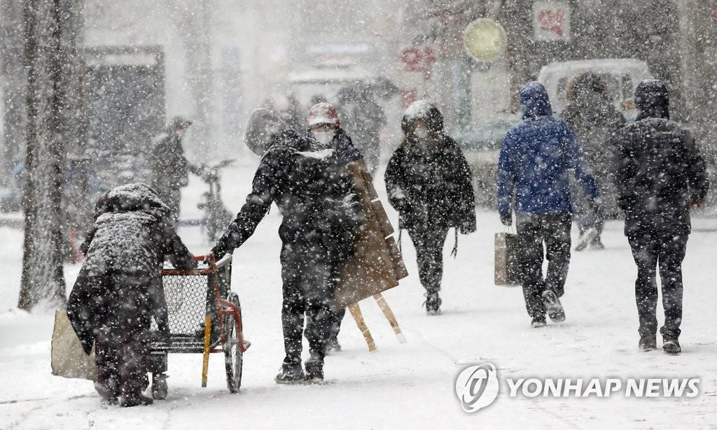 1月18日上午，在首尔松坡区街头，一名青年冒着大雪帮助老奶奶推车。
