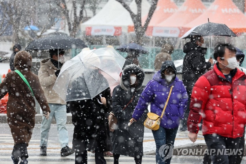 19日上午，首尔光化门路口，当地市民冒着鹅毛大雪过马路。
