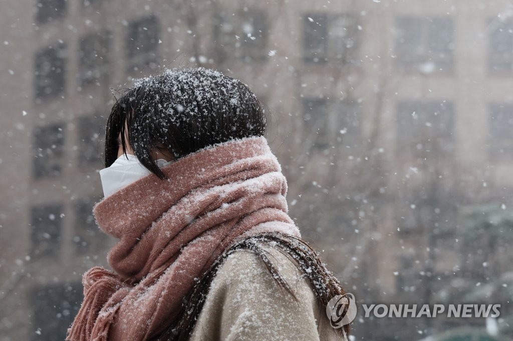 19日上午，首尔市发布大雪警报，一名市民冒雪经过首尔中区的清溪广场。