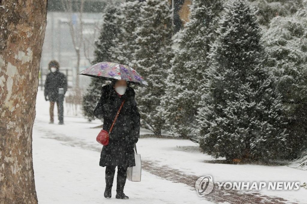 19日上午，首尔市麻浦区一带，市民冒雪加快脚步。