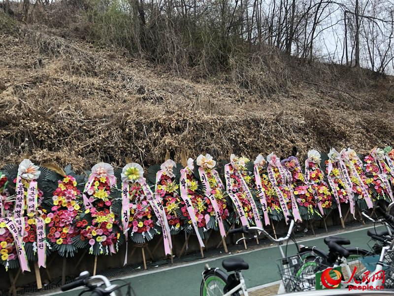 当地时间3月24日上午，韩国民众送给朴槿惠的花环排列在医院门口。人民网 裴��基摄