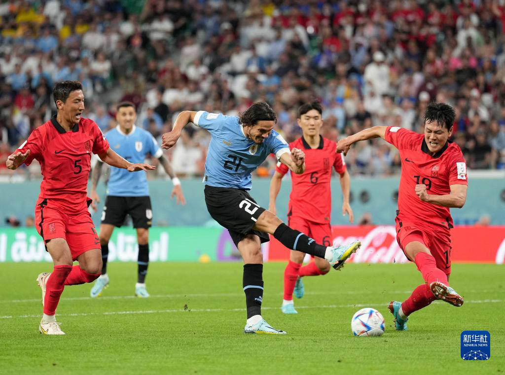 11月24日，乌拉圭队球员埃丁森・卡瓦尼（中）射门。新华社记者 郑焕松 摄