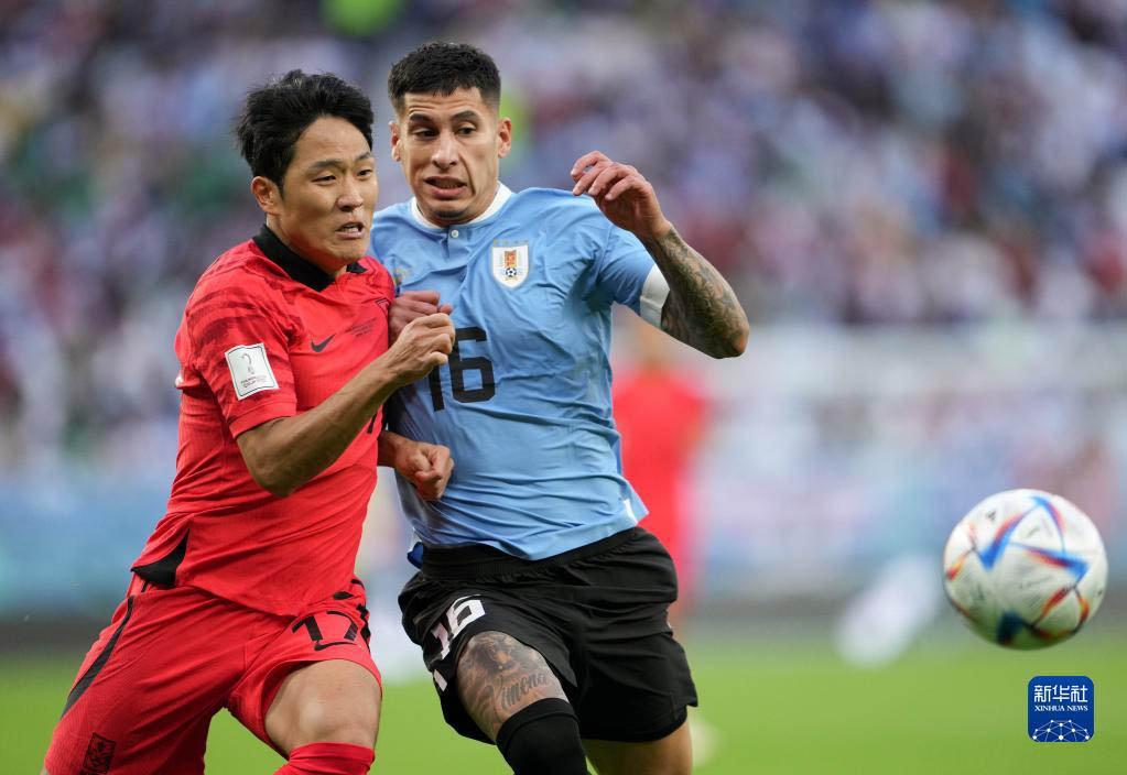 11月24日，韩国队球员罗相镐（左）与乌拉圭队球员马蒂亚斯・奥利韦拉拼抢。新华社记者 郑焕松 摄