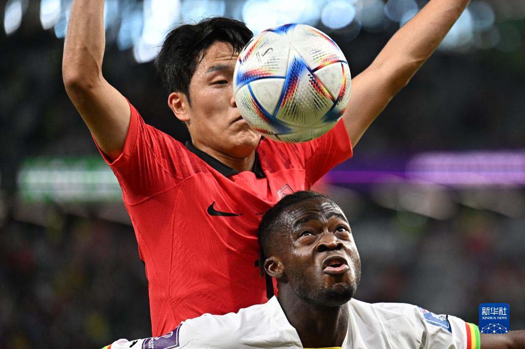 11月28日，加纳队球员苏莱曼纳（下）与韩国队球员罗相镐拼抢。新华社记者 辛悦卫 摄