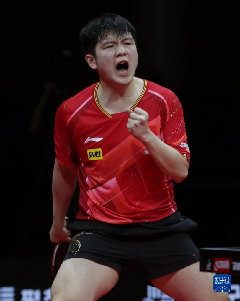 9月6日，中國隊選手樊振東在比賽中慶祝得分。他以3比2戰勝韓國隊選手林鐘勛。新華社發（李相浩攝）
