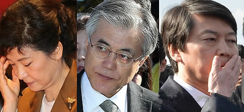 韩国总统选举候选人（左起）：朴槿惠、文在寅、安哲秀。（资料图）