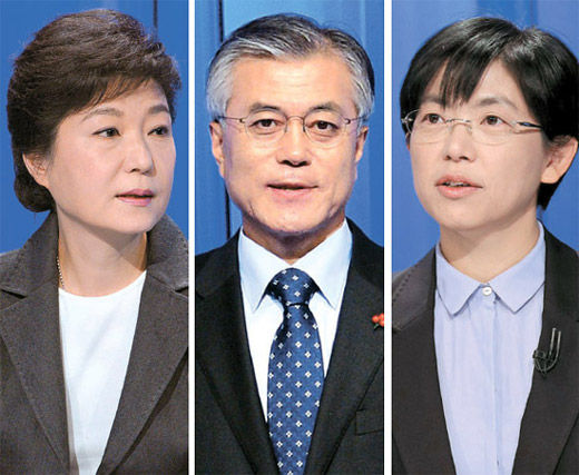 韩媒分析电视辩论结果 称朴槿惠为最大受益者图片从左至右依次为朴槿惠、文在寅、李正姬