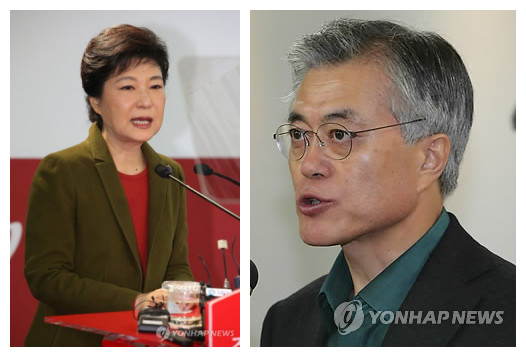 韩国大选倒计时9天 朝野候选人支持率差距缩小图为韩国总统候选人朴槿惠（左）、韩国总统候选人文在寅（右0