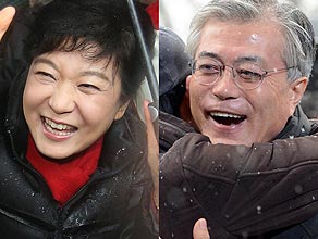 韩媒称文朴支持率皆上升 安哲秀助选效果甚微图为韩国总统候选人朴槿惠（左）和文在寅。