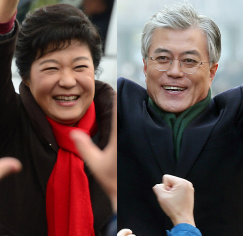 韩国大选结果有望于19日晚11时揭晓 图为新国家党候选人朴槿惠（左）和民主统合党候选人文在寅。（图片来源：韩联社）