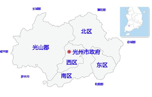 光州广域市光州这个名称最早出现于朝鲜王朝太祖时期。1896年开始，以旧有的光州城邑为中心逐步发展成为近代都市，现在是全罗南道的道厅所在地。1995年光州正式更名为光州广域市，设有5个区及90个洞，据2010年统计结果，人口为1,467,996人，面积为501.34平方公里。