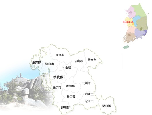 忠清南道忠清南道位于韩国中西部，南、北部分别与全罗北道、京畿道相邻，西面黄海。忠清南道由8个市及8个郡组成，面积占全国总面积的8.6%，人口为2,118,264名。忠清南道交通便利。首尔市地铁1号线经过位于忠清南道东北部的天安市及牙山市。
