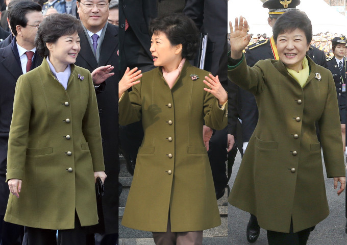 【高清】韩国新任女总统朴槿惠卡其色大衣再引