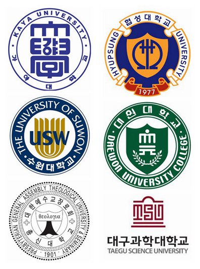 图片说明：伽倻大学、协成大学、水原大学、大元大学、总神大学、大邱科学大学（从左至右，由上到下）